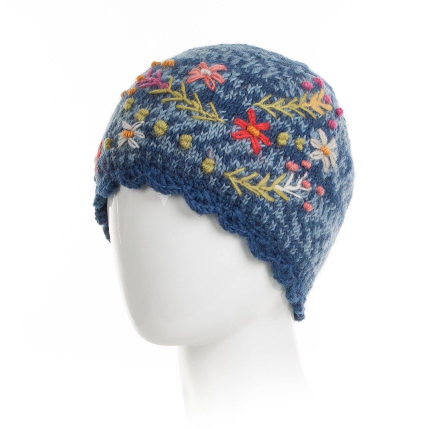 Sadie Floral Embroidered Wool Beanie Hat: Light Natural