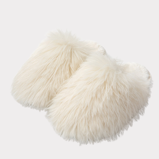 Ivory plush faux fur slippers