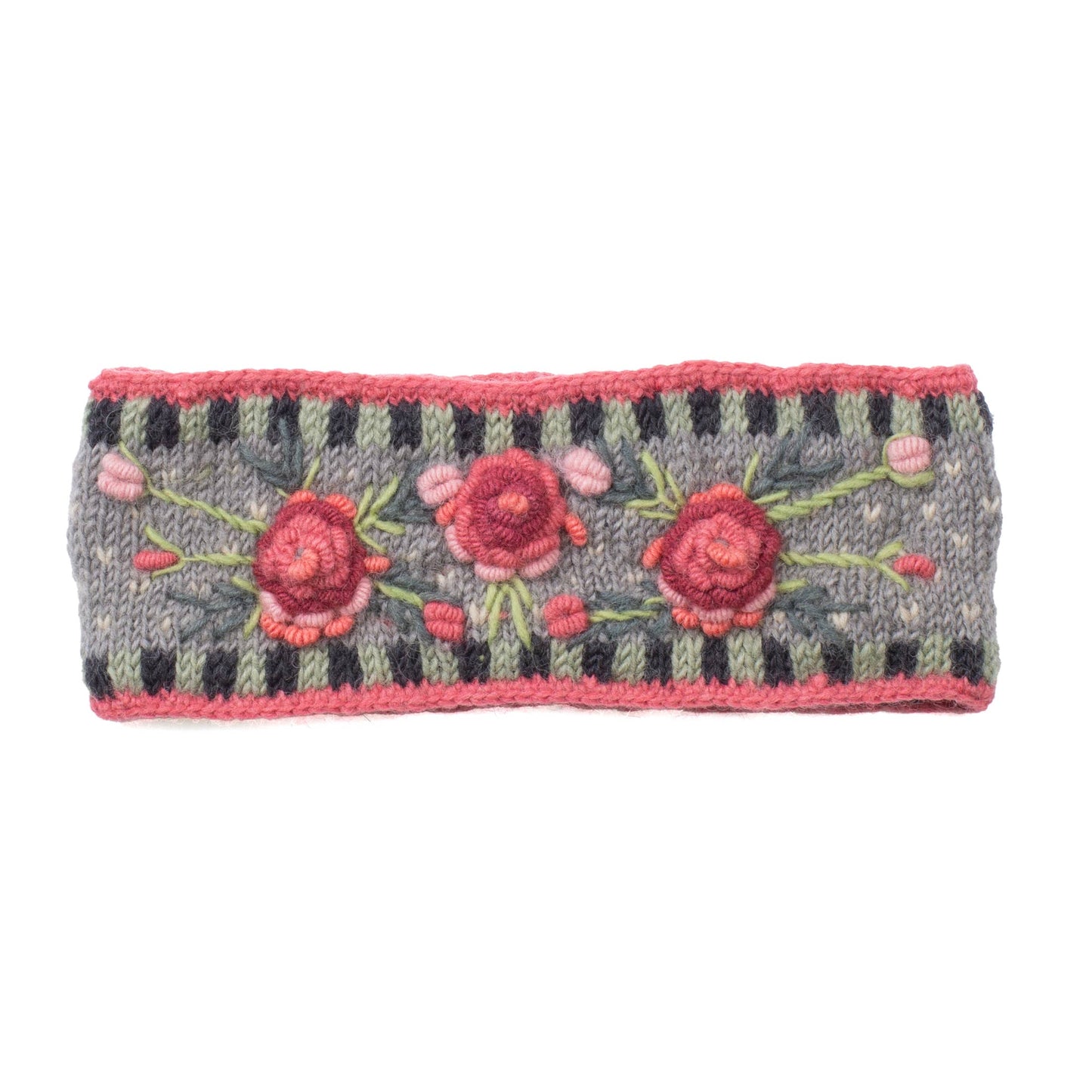Aubrey Headband - Hand Knit Wool Floral Embroidery: Grey