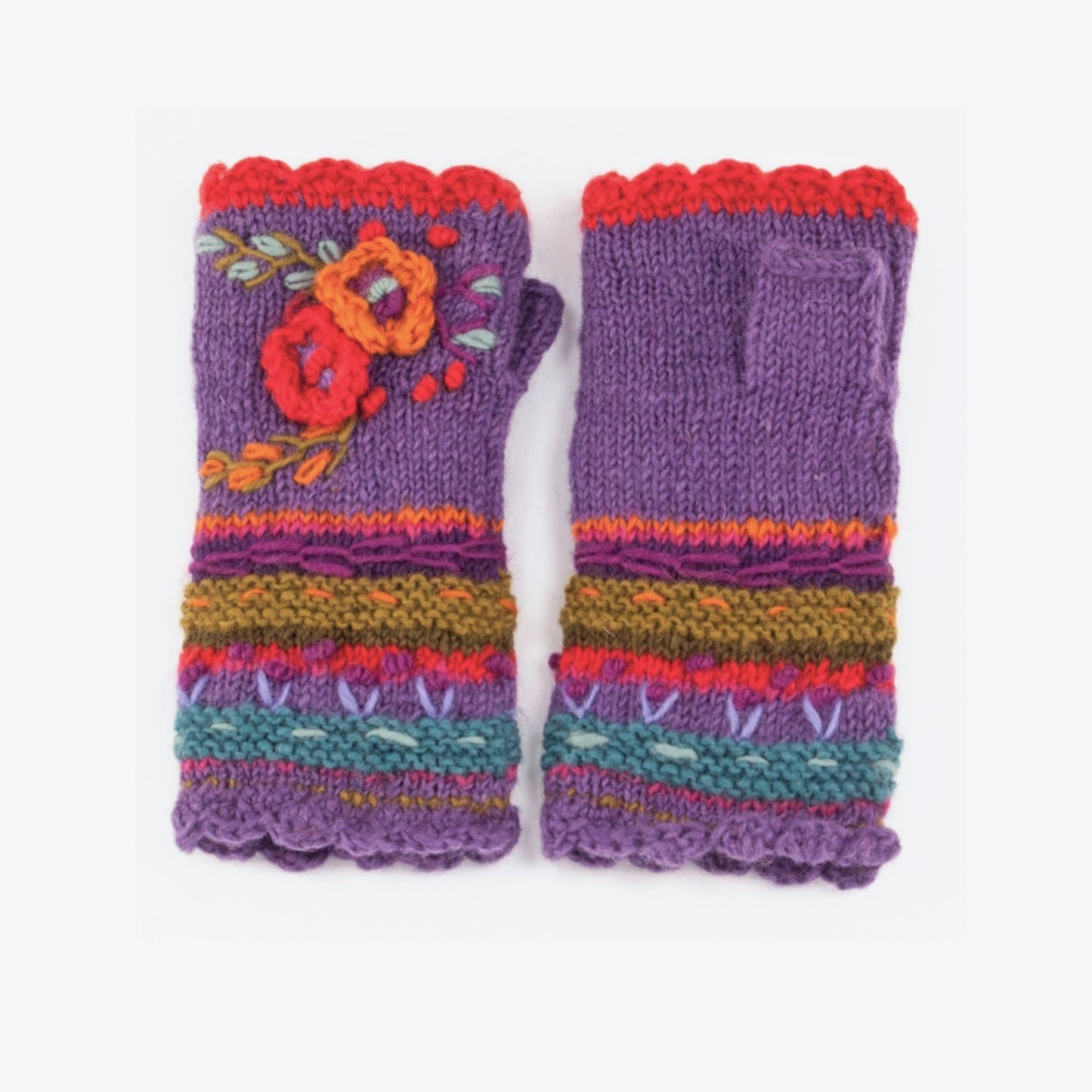 Lassen Wool Knit Handwarmers with Crochet Flowers: Teal