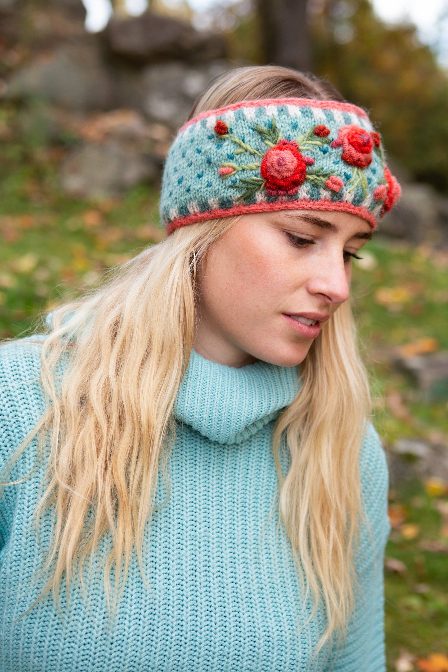 Aubrey Headband - Hand Knit Wool Floral Embroidery: Grey