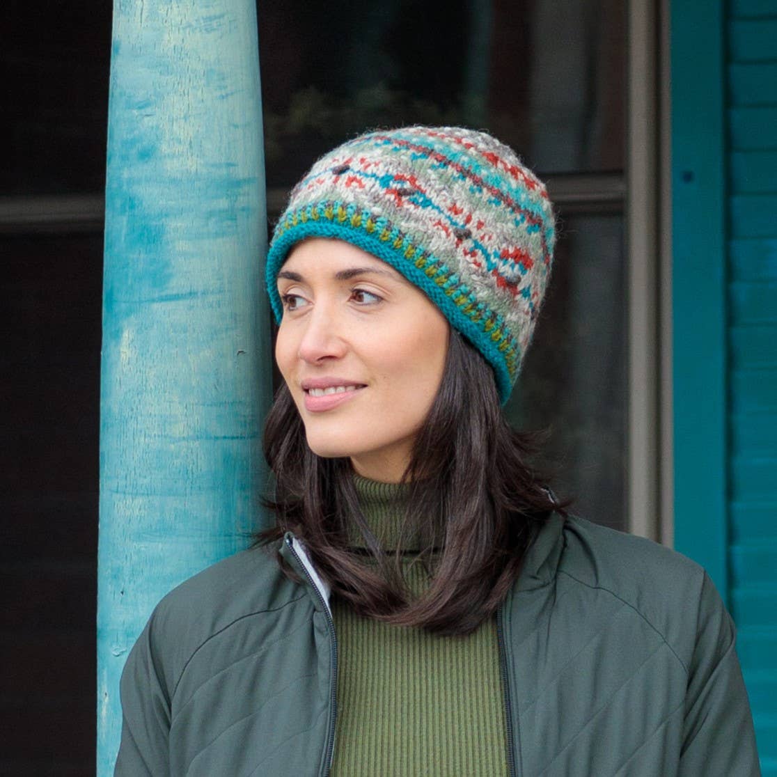 Jasper Wool Knit Beanie Hat with Snowflake Nordic Pattern: Aqua
