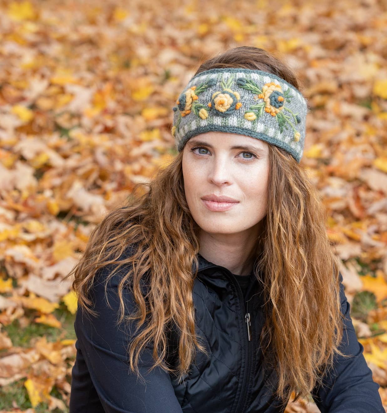 Aubrey Headband - Hand Knit Wool Floral Embroidery: Charcoal