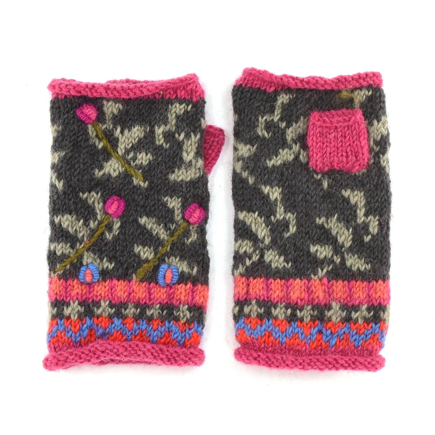 Verbier Wool Handwarmers with Floral Embroidery: Charcoal