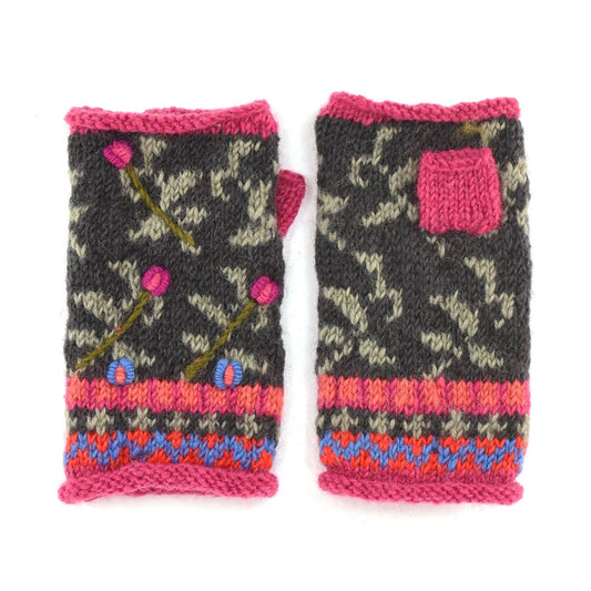 Verbier Wool Handwarmers with Floral Embroidery: Charcoal