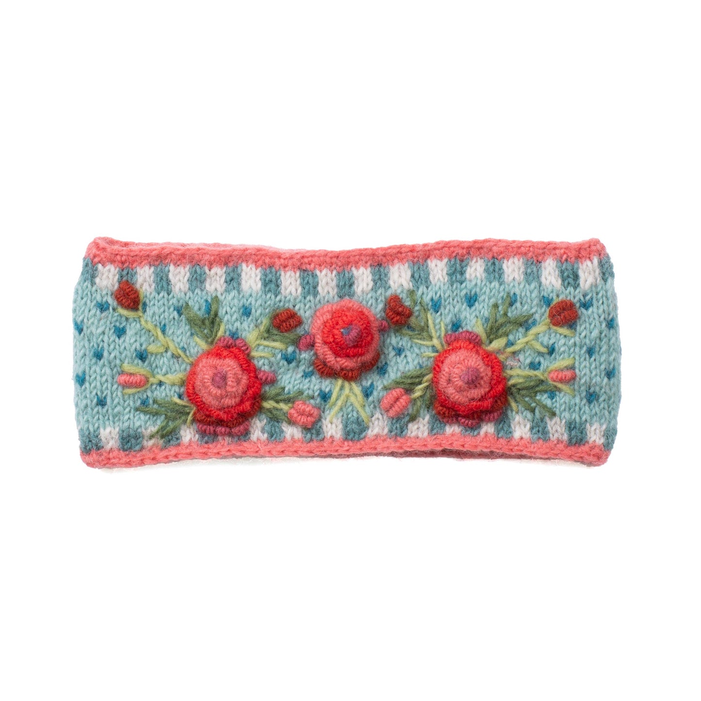 Aubrey Headband - Hand Knit Wool Floral Embroidery: Grey