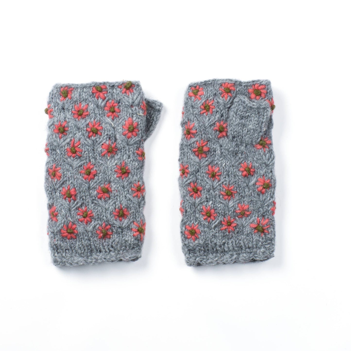 Anaya Handwarmers – Wool Knit with Floral Embroidery: Mint