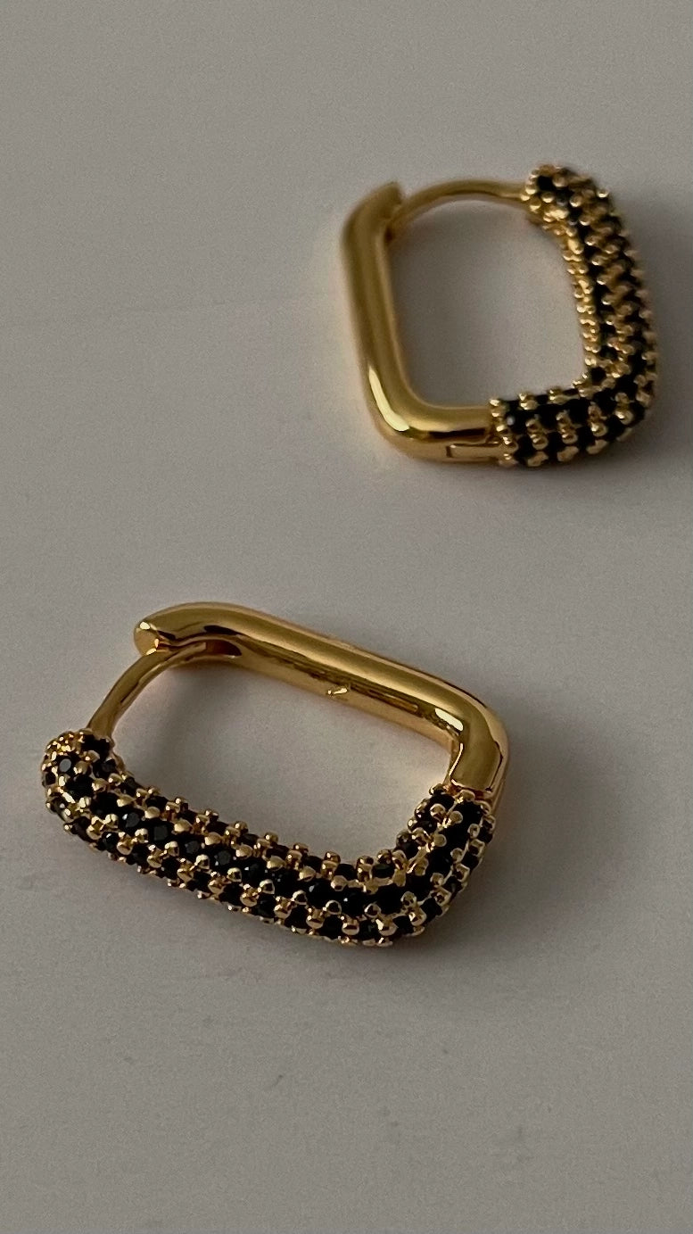 Black Zirconia Earrings – Rectangle Stone Studs in Gold Setting