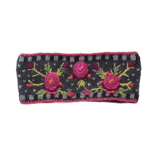 Aubrey Headband - Hand Knit Wool Floral Embroidery: Charcoal