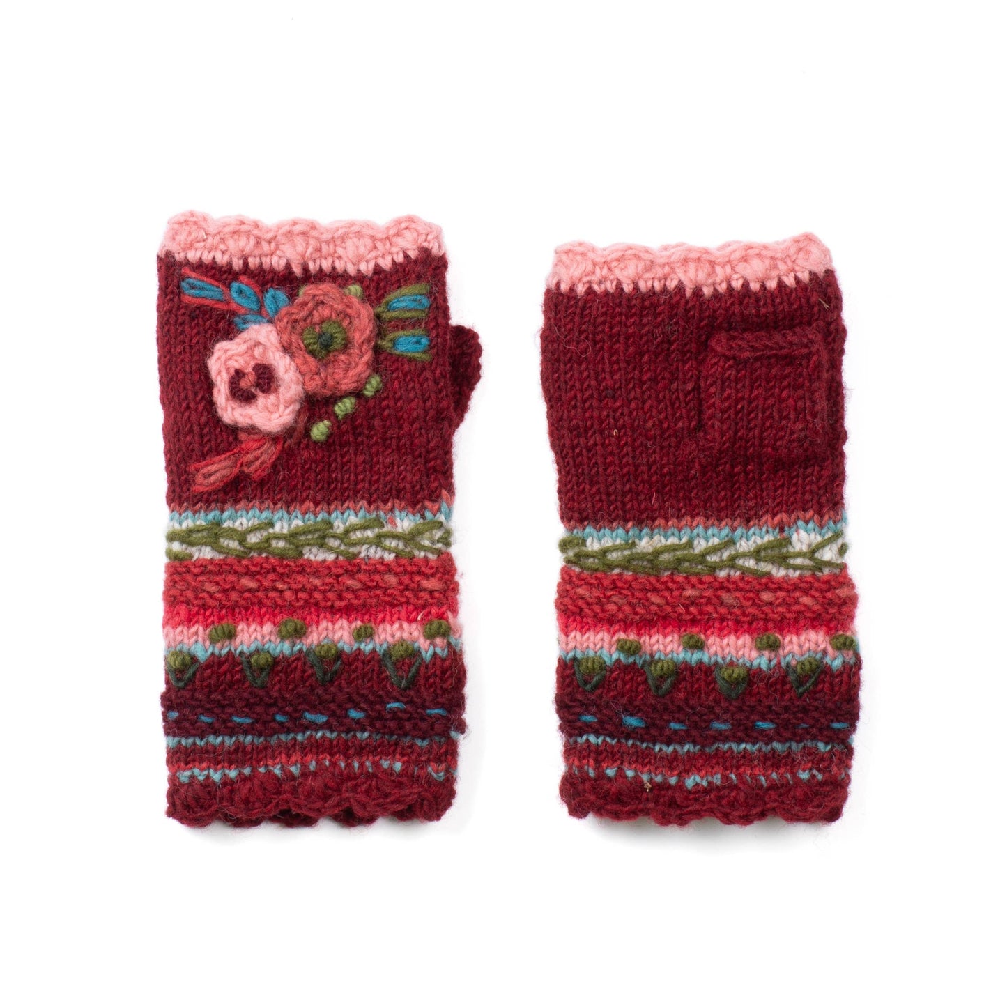 Lassen Wool Knit Handwarmers with Crochet Flowers: Teal