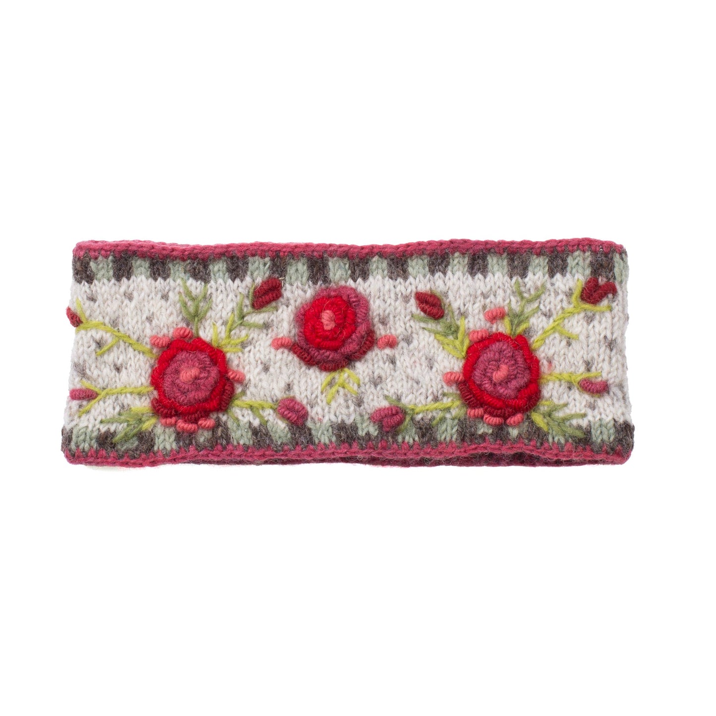 Aubrey Headband - Hand Knit Wool Floral Embroidery: Grey