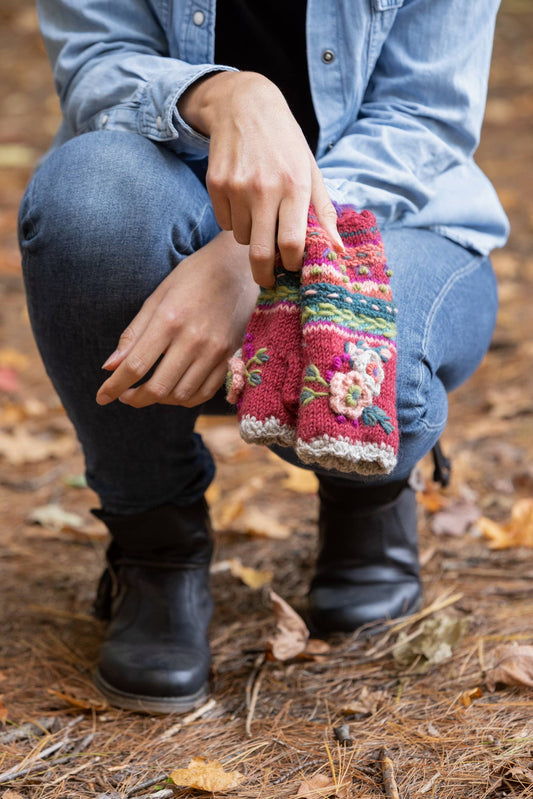 Lassen Wool Knit Handwarmers with Crochet Flowers: Teal