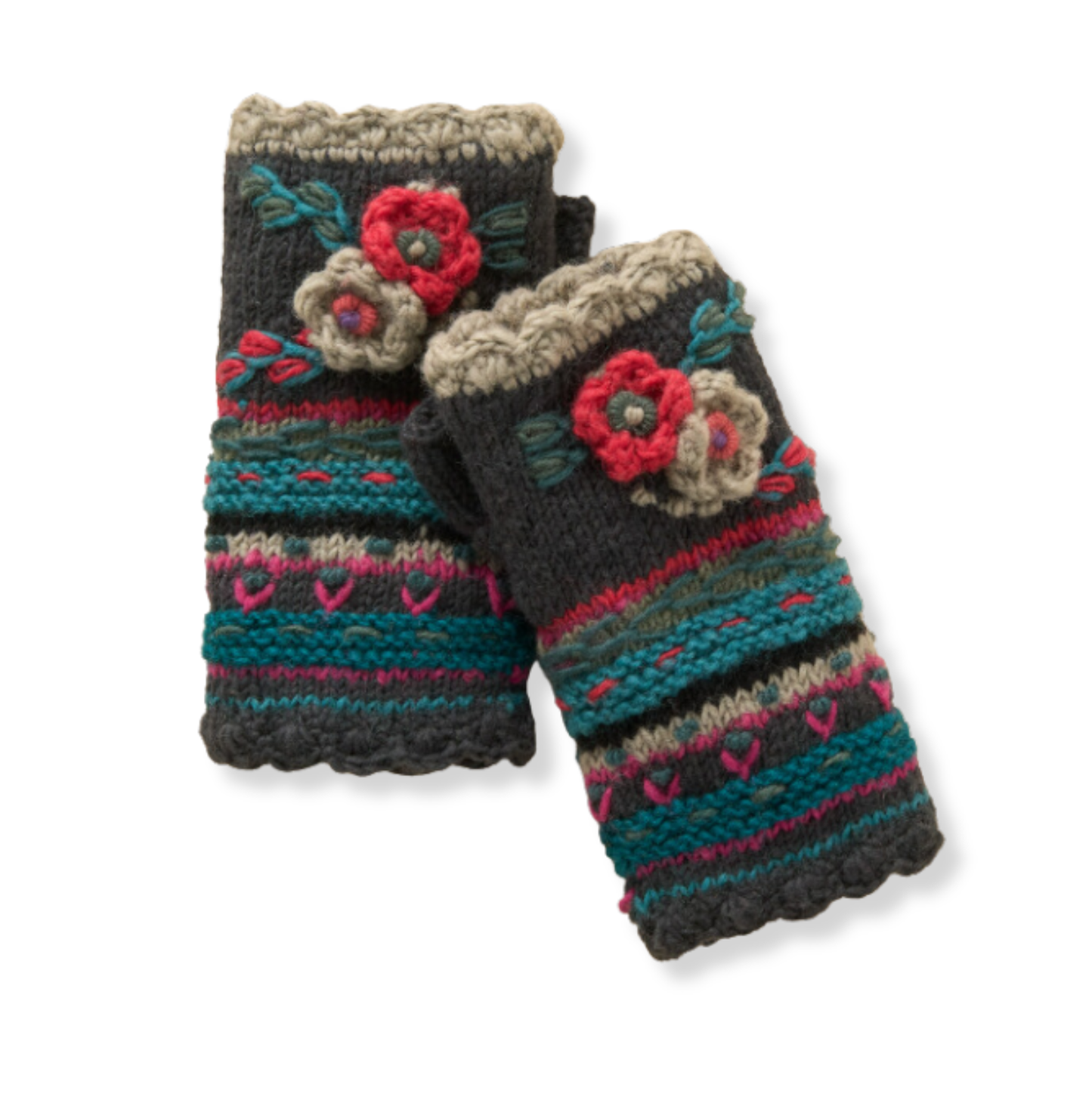 Lassen Wool Knit Handwarmers with Crochet Flowers: Teal