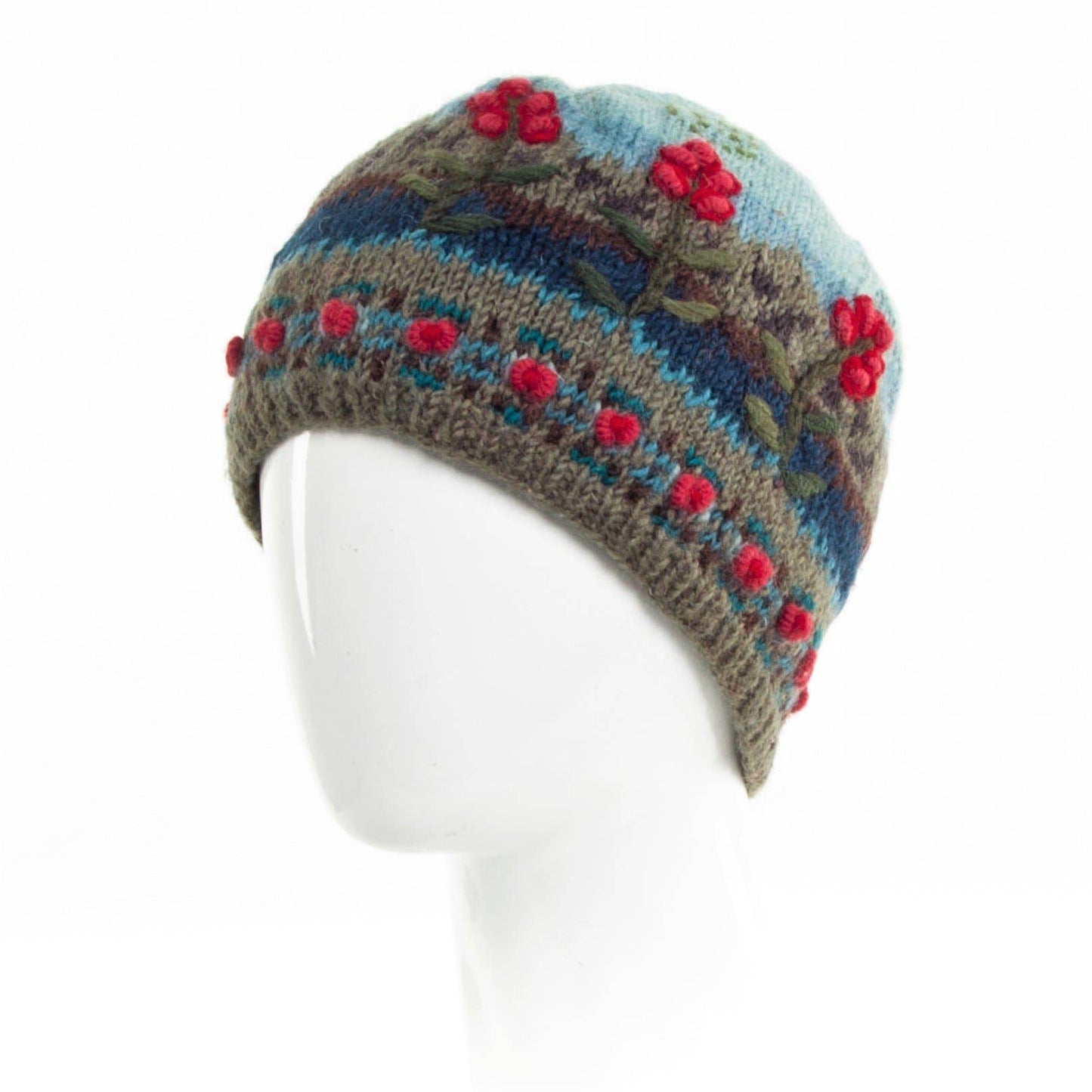 Chloe Wool Hat – Hand-Embroidered Floral Knit Beanie: Grey