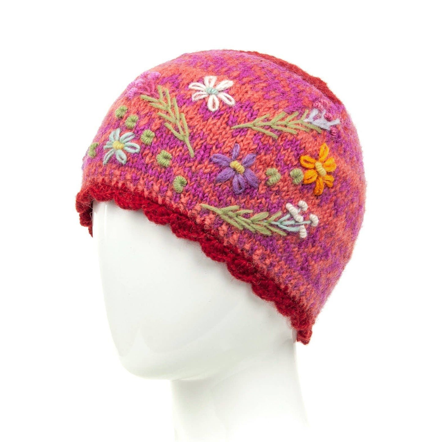 Sadie Floral Embroidered Wool Beanie Hat: Light Natural