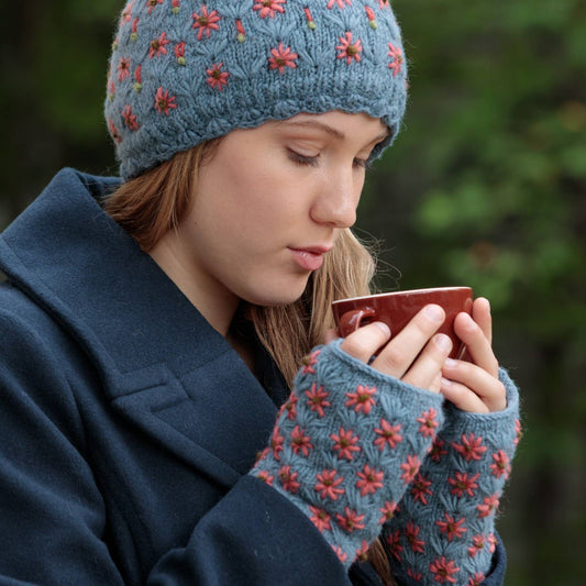 Anaya Handwarmers – Wool Knit with Floral Embroidery: Faded Denim