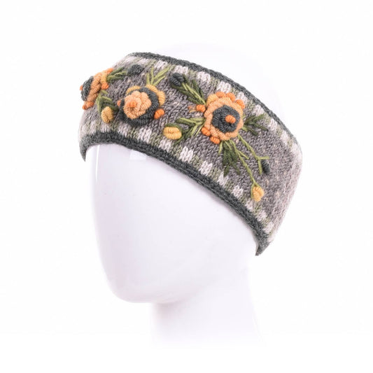 Aubrey Headband - Hand Knit Wool Floral Embroidery: Grey