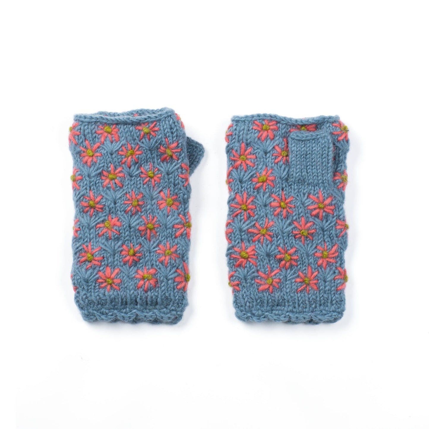Anaya Handwarmers – Wool Knit with Floral Embroidery: Faded Denim