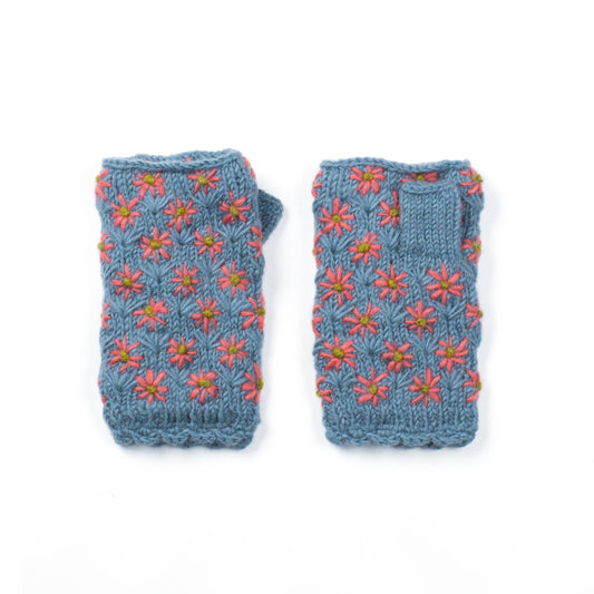 Anaya Handwarmers – Wool Knit with Floral Embroidery: Mint