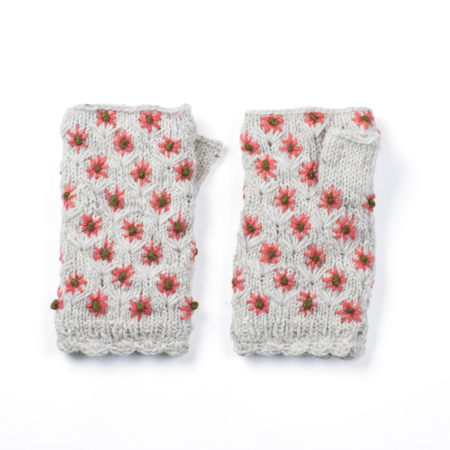 Anaya Handwarmers – Wool Knit with Floral Embroidery: Mint