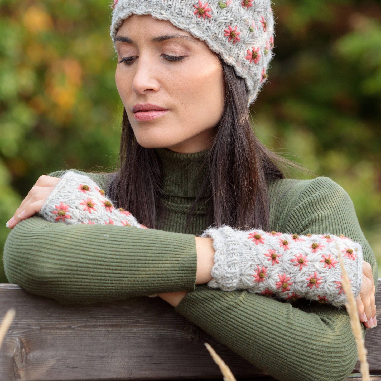 Anaya Handwarmers – Wool Knit with Floral Embroidery: Faded Denim
