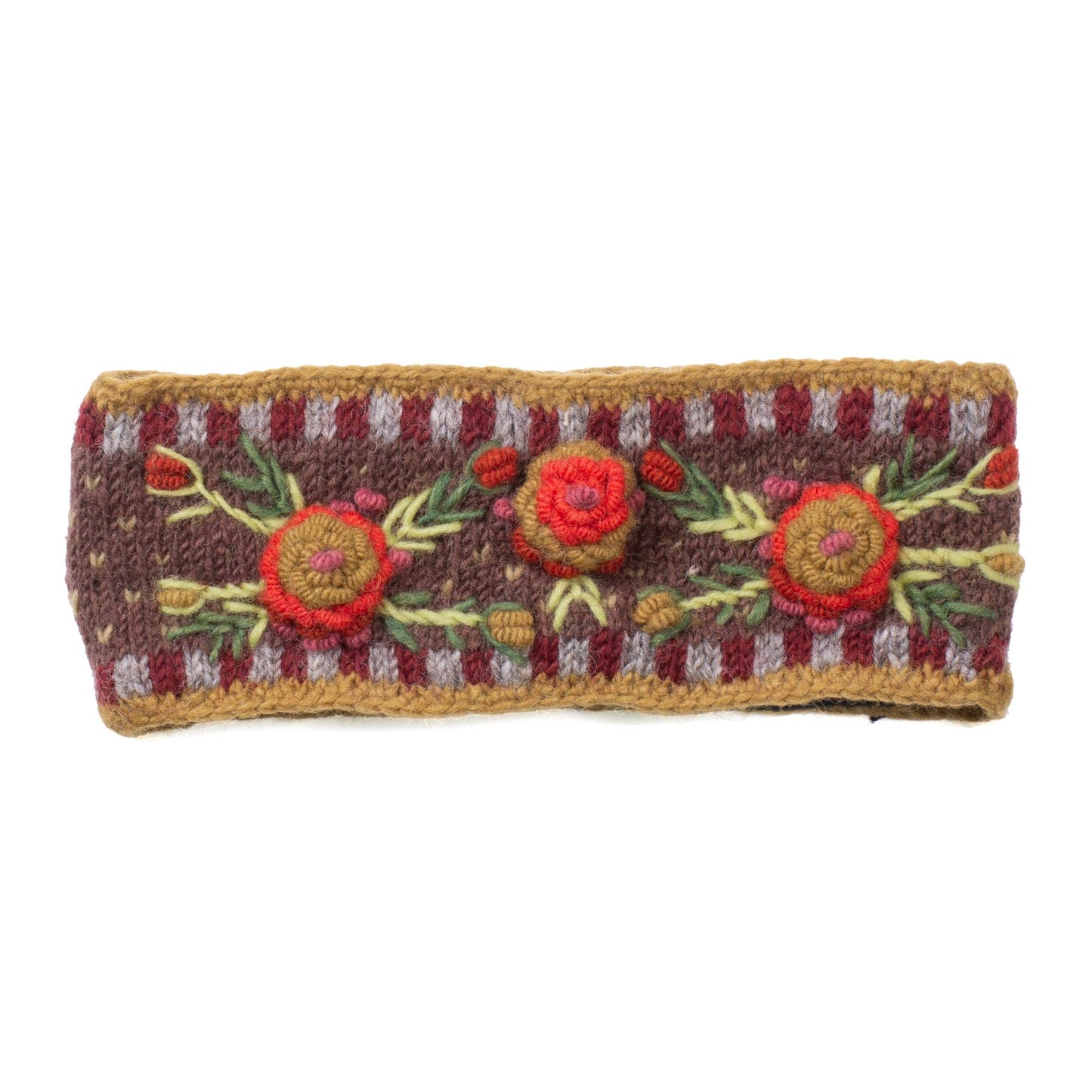 Aubrey Headband - Hand Knit Wool Floral Embroidery: Grey