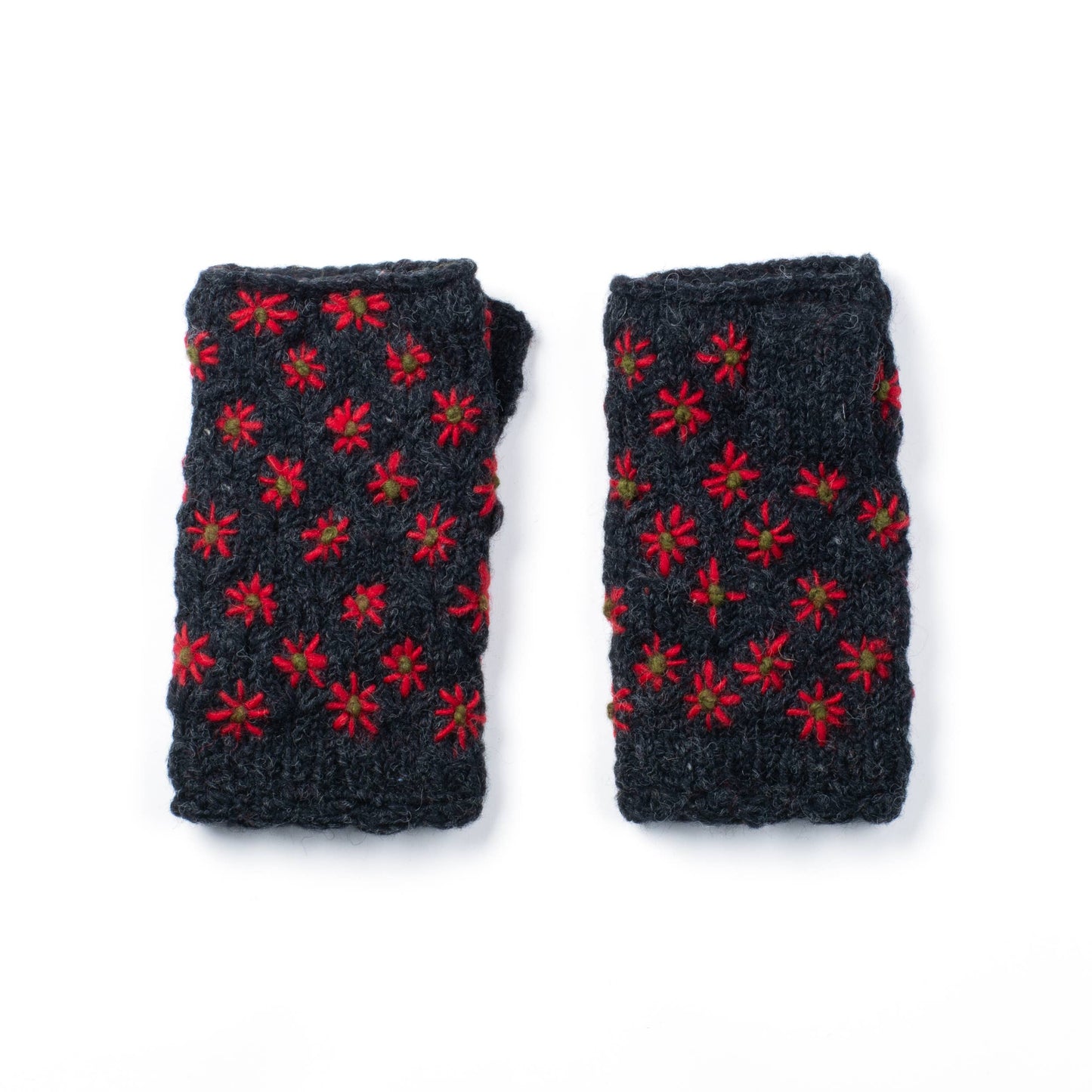 Anaya Handwarmers – Wool Knit with Floral Embroidery: Faded Denim