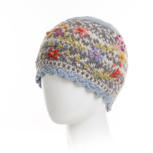 Sadie Floral Embroidered Wool Beanie Hat: Light Natural