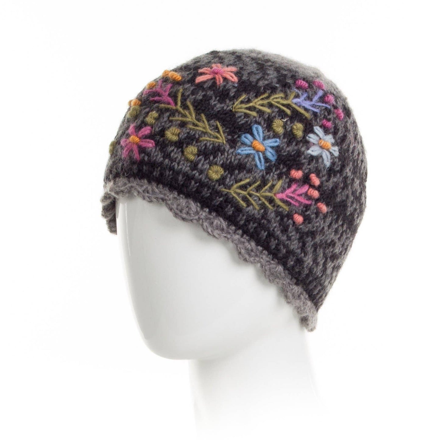 Sadie Floral Embroidered Wool Beanie Hat: Light Natural