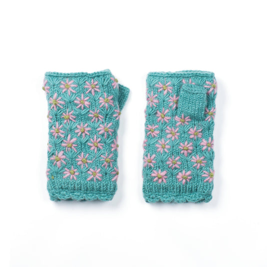 Anaya Handwarmers – Wool Knit with Floral Embroidery: Mint