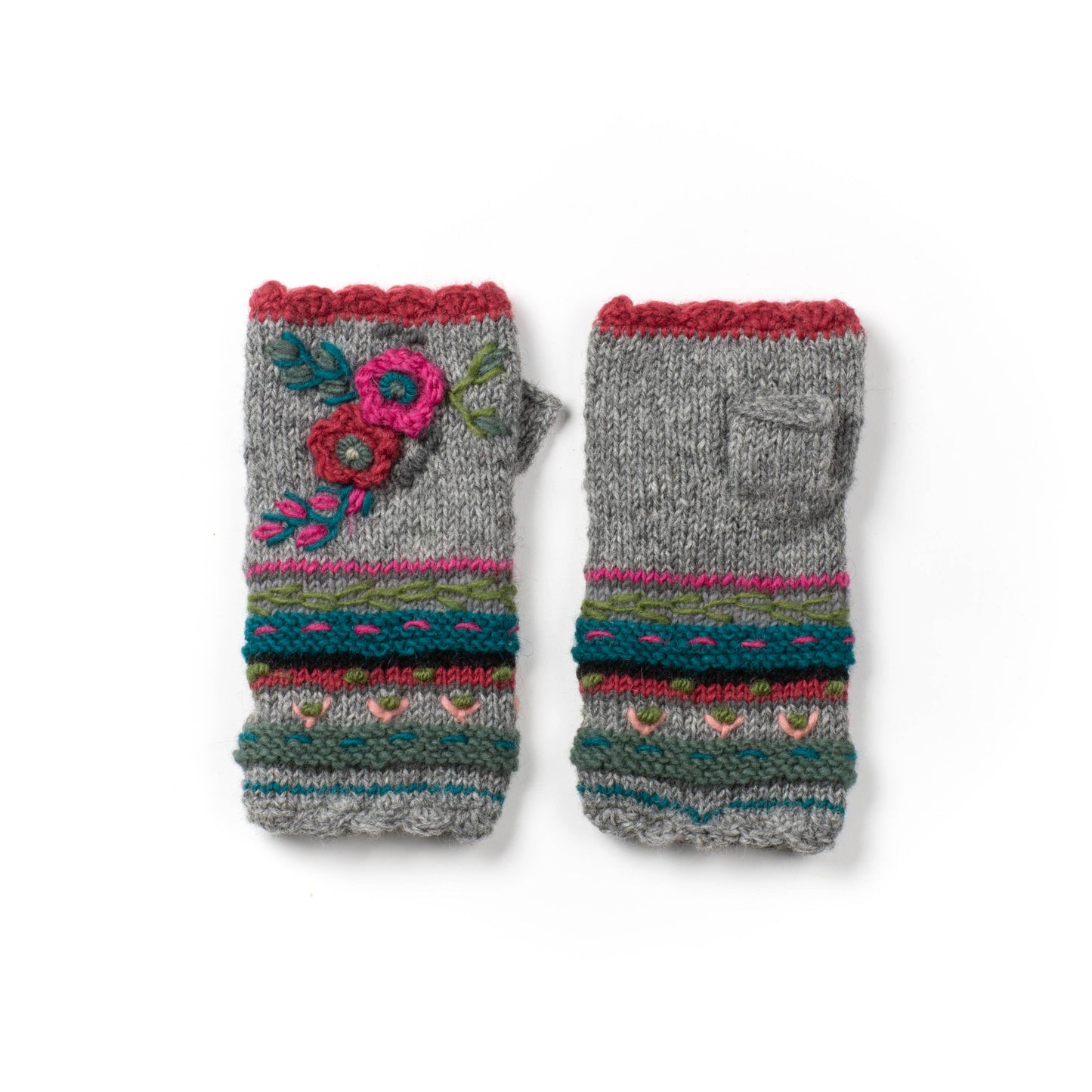 Lassen Wool Knit Handwarmers with Crochet Flowers: Teal