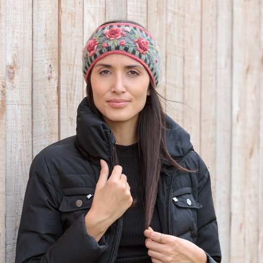 Aubrey Headband - Hand Knit Wool Floral Embroidery: Grey