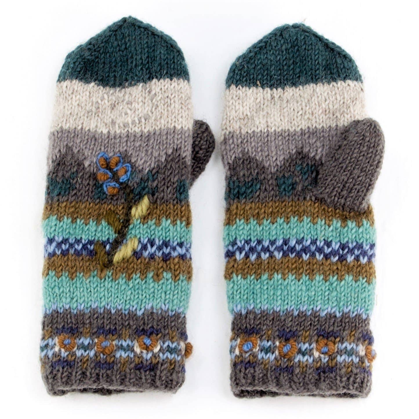 Chloe Wool Mittens – Embroidered Floral Design: Grey