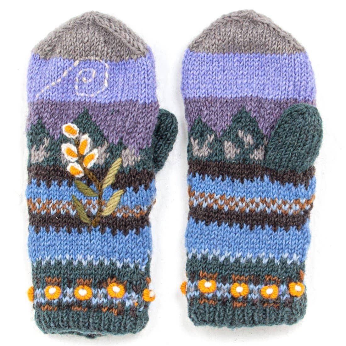 Chloe Wool Mittens – Embroidered Floral Design: Grey