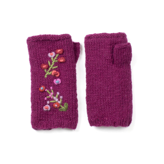 Mathilde Wool Handwarmers with Floral Embroidery: Mulberry